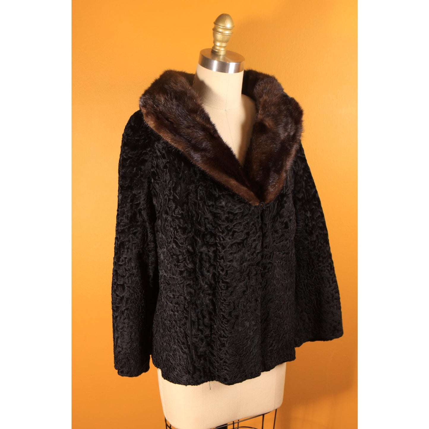 1950s Black Persian Lamb and Brown Mink Fur Trim Coat by Parker -M-L