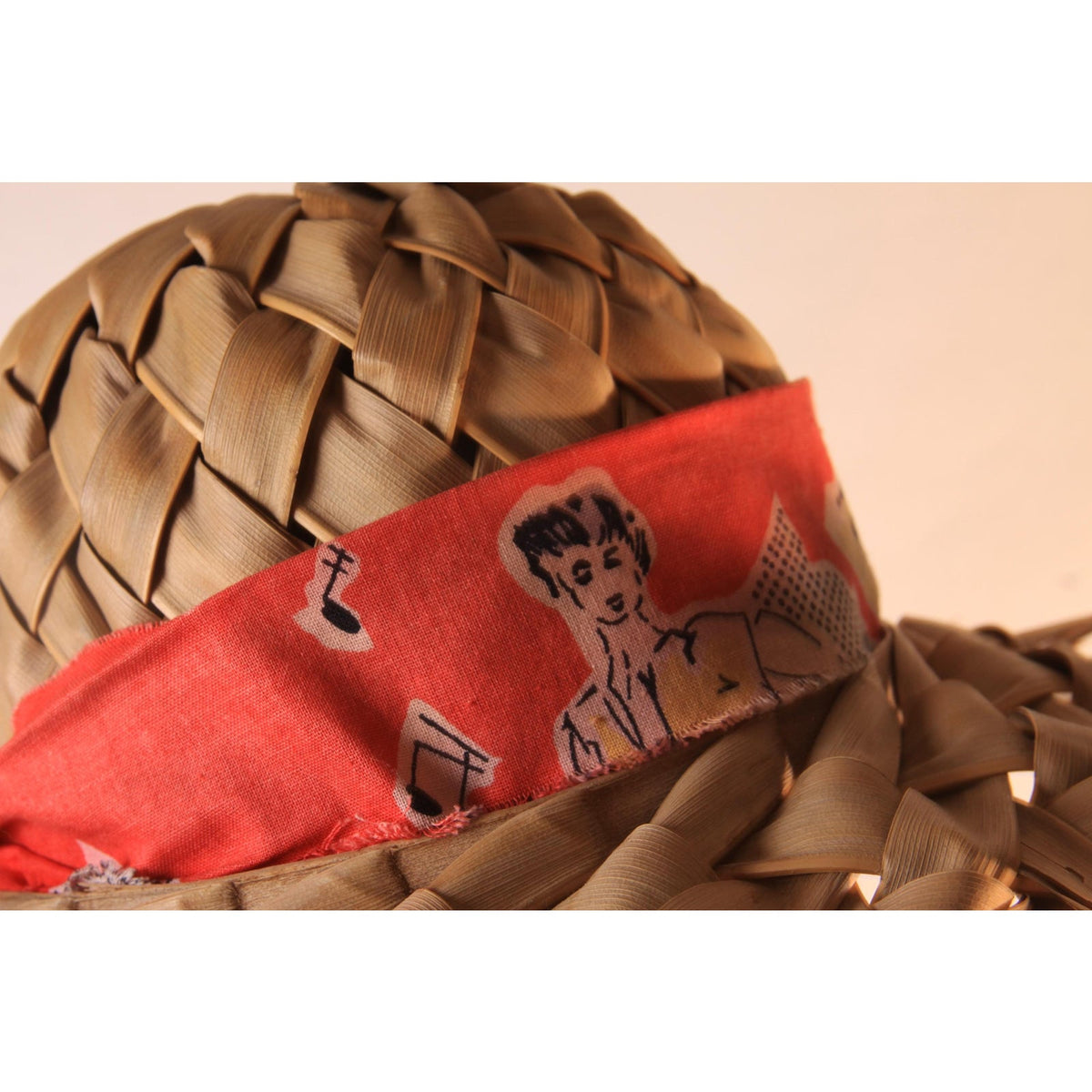 1950s Straw Wicker Woven Novelty Girls Woman Fabric Headband Sun Hat