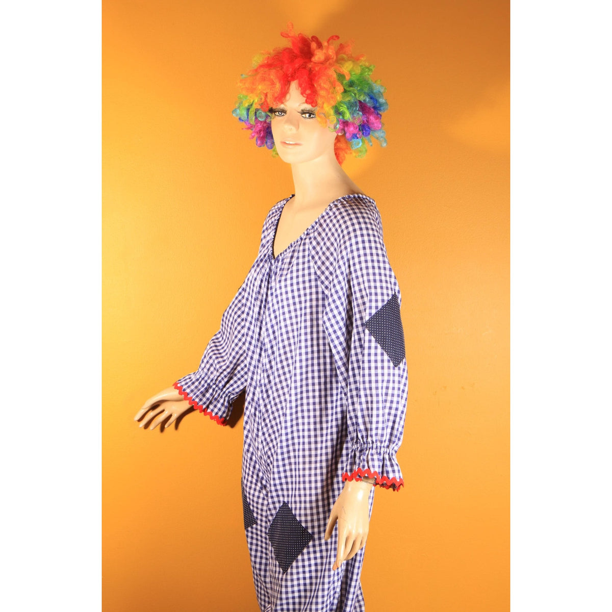 1960s 1970s Blue, White and Red Ric Rac Trim Patchwork Polka Dot One Piece Childs or Preteen Clown Costume