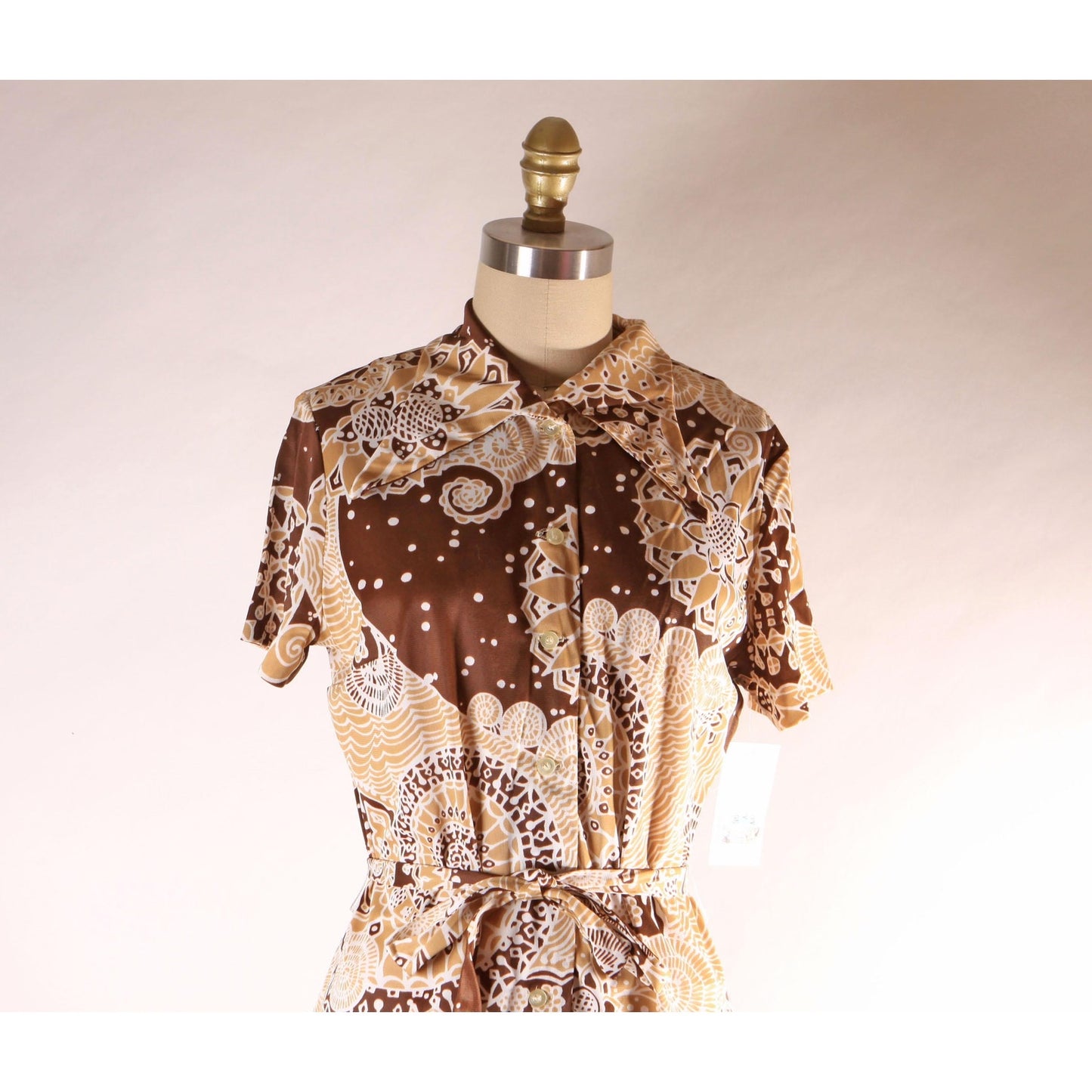 1960s Brown and Tan Psychedelic Abstract Swirl Short Sleeve Belted Dress -XL
