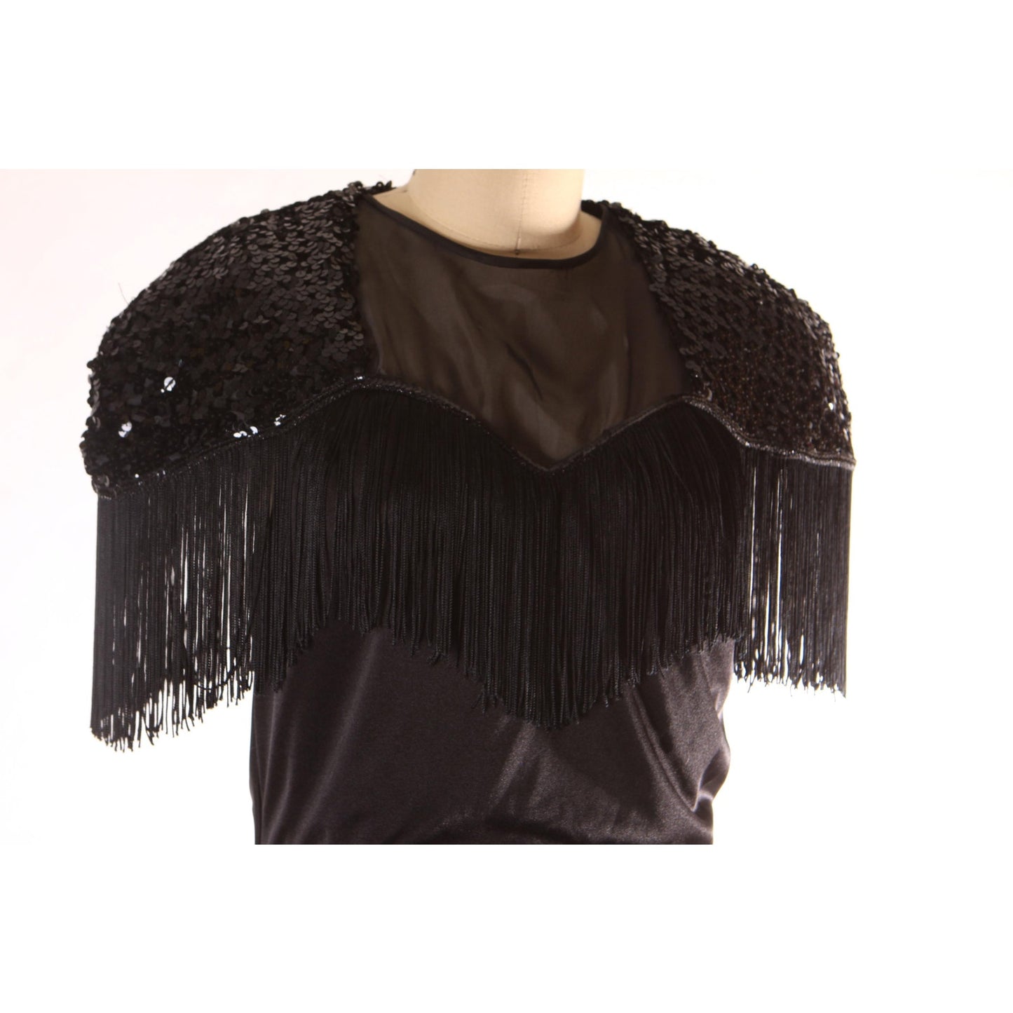 1980s Black Short Sleeve Fringe Keyhole Back Wiggle Dress by Abby Kent -L