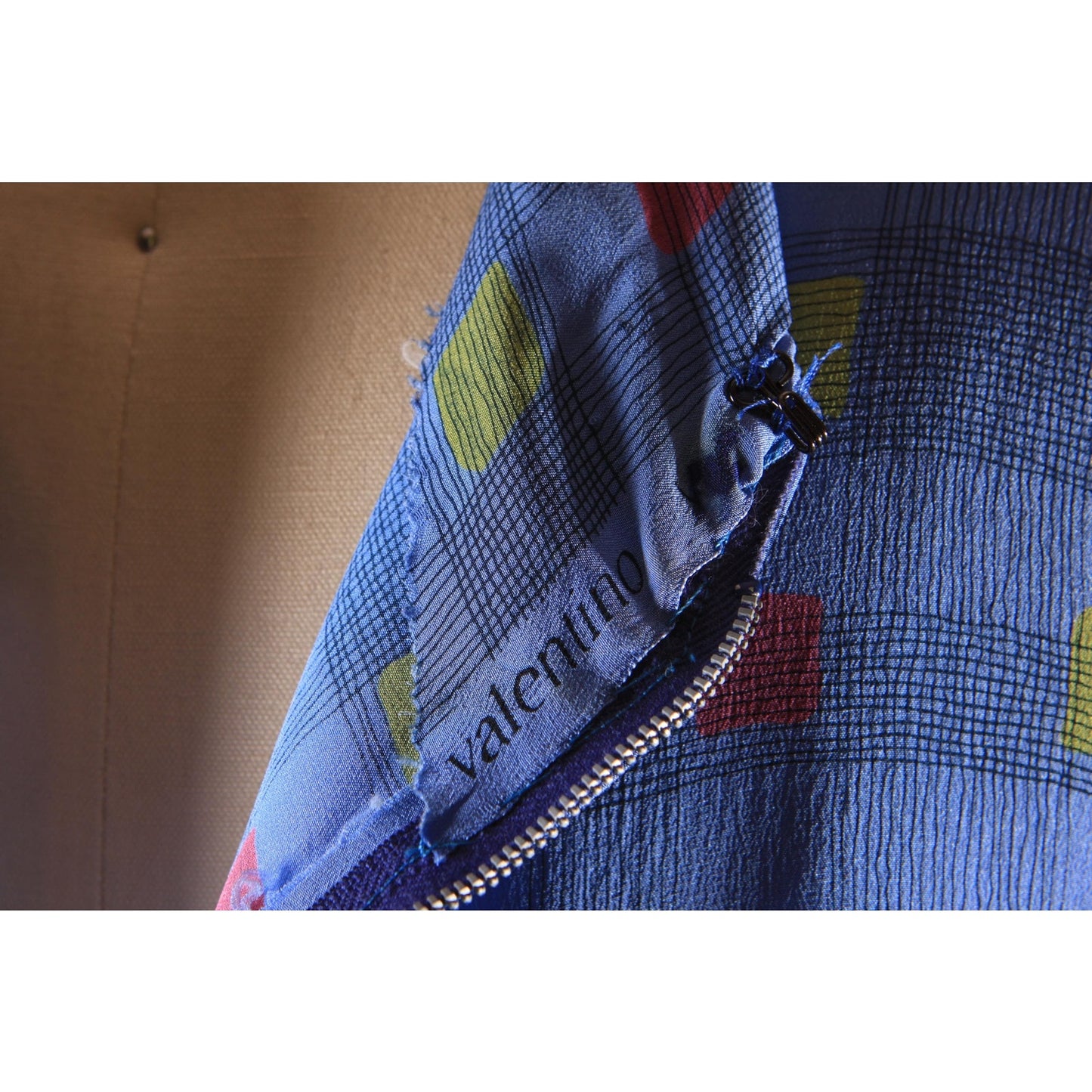 1970s Long Sleeve Blue, Black, Red and Yellow Asymmetrical Drop Waist V Neck Geometric Plaid Dress by Valentino