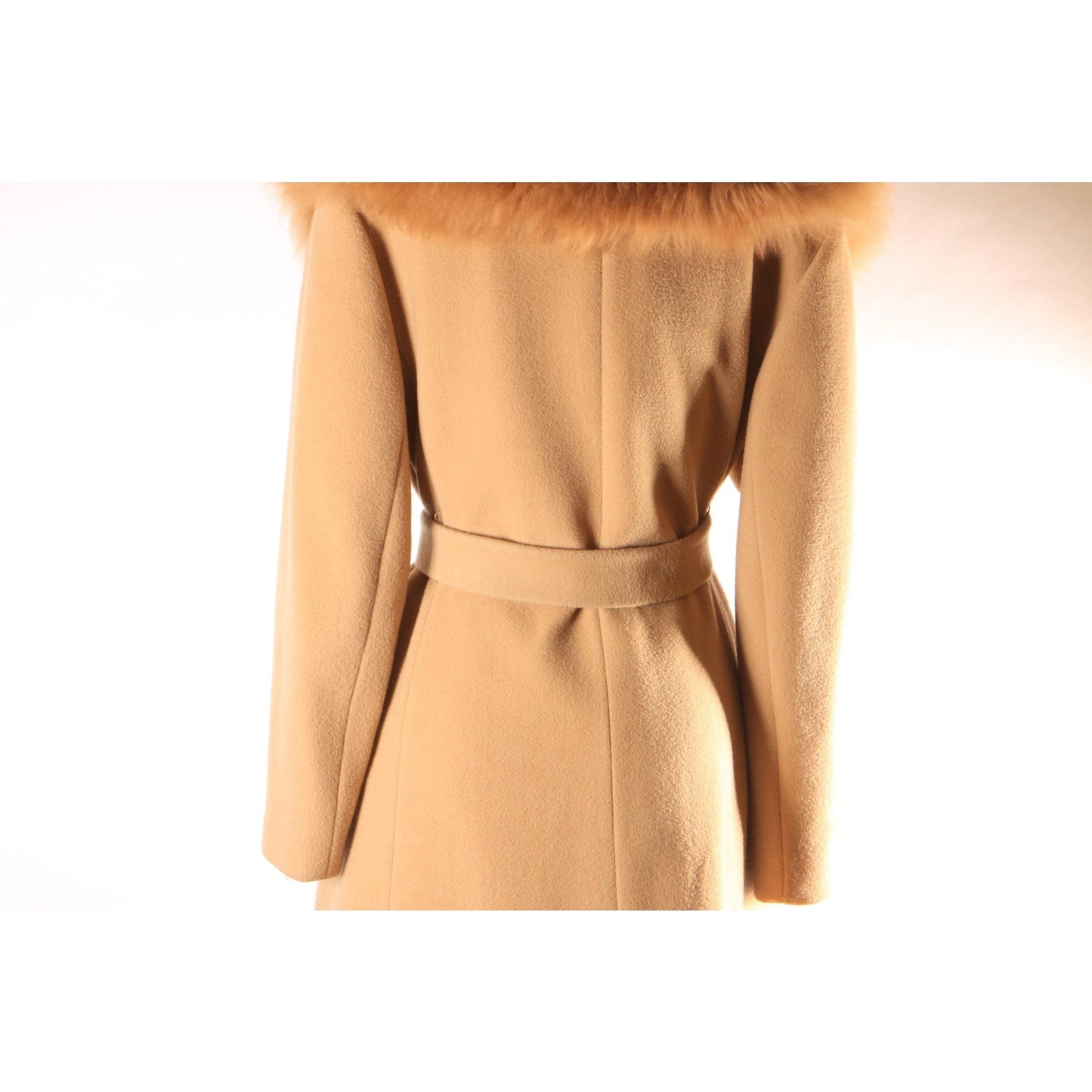 Early 1960s Brown and Cream Shearling Fur Trim Collar and Hem Wrap Princess Coat by Youthcraft