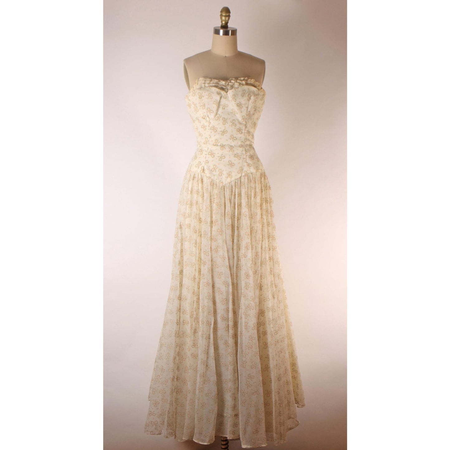 1940s Cream Off White Pink and Green Floral Bow Flocked Velvet Strapless Floor Length Formal Dress