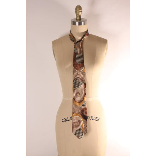 1980s Tan, Black and White Abstract Geometric Houndstooth Necktie Tie by Azia Collection