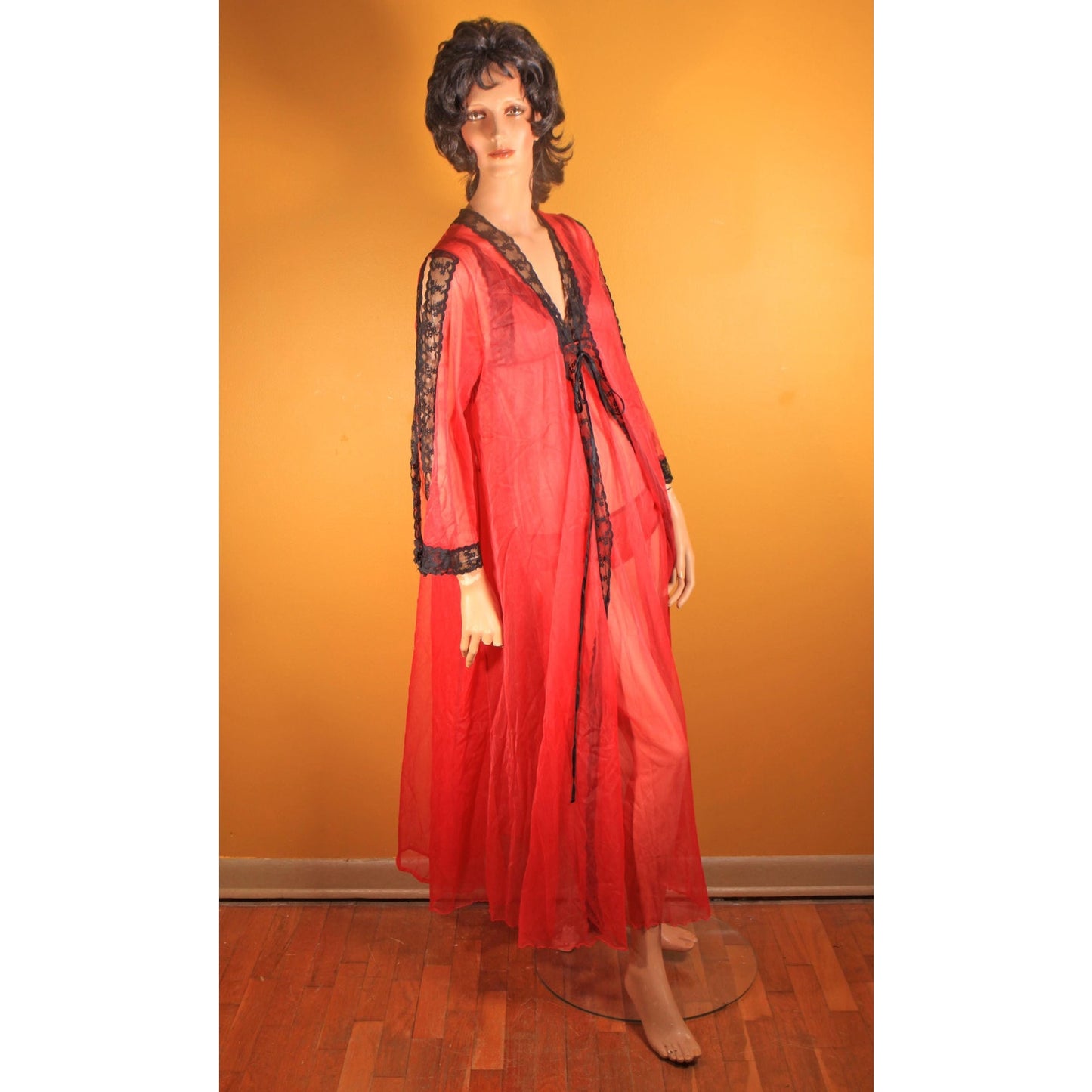 1960s Red and Black Open Side Night Gown with Matching Panties and Open Sleeve Robe Three Piece Lingerie Set