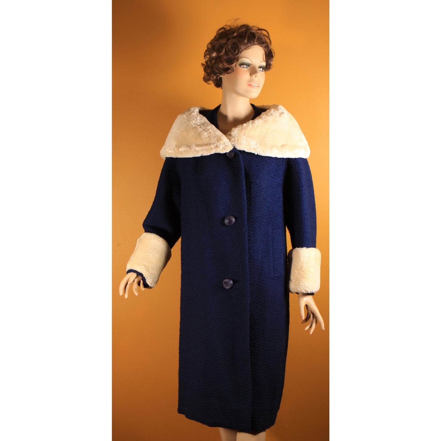 1950s Blue Long Sleeve Cream Sheared Chinchilla Fur Cuff and Collar Coat by Adler's and Jeshiva -XL