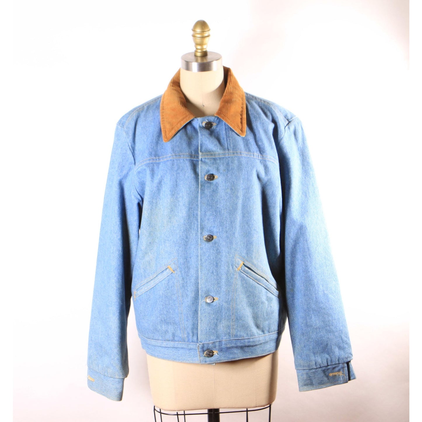 1970s Blue Denim Metal Snap Corduroy Trim Faux Fur Lined Western Work Wear Western Chore Coat by Wrangler -L