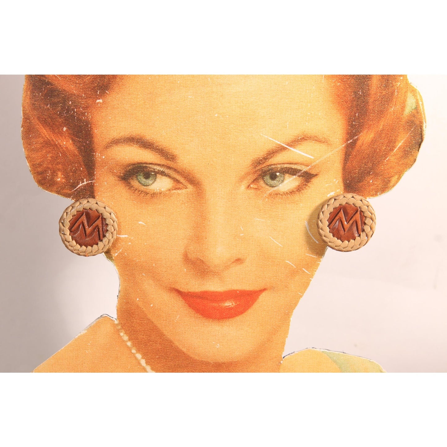 1950s Tan and Brown Woven W Shape Leather Circle Western Screw Back Earrings