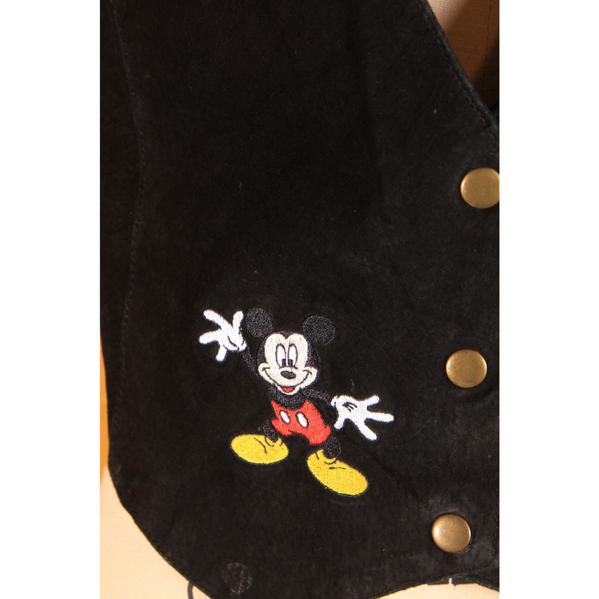 1980s 1990s Black Suede Leather Embroidered Mickey Mouse Vest by Mickey Unlimited -S/M