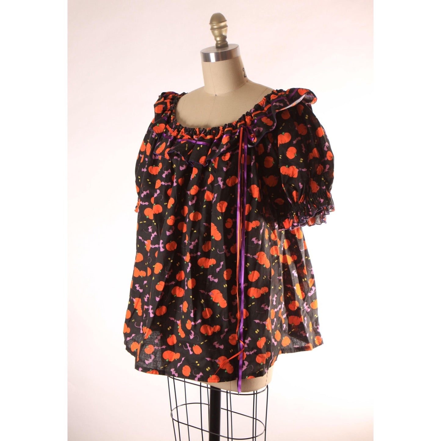 1980s Novelty Halloween Pumpkins and Bats Black, Orange and Purple Short Sleeve Square Dance Blouse