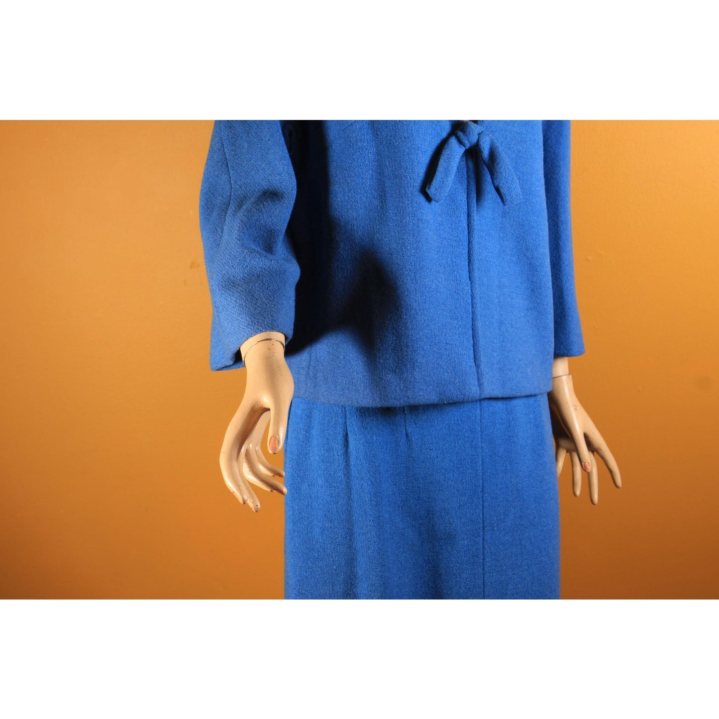 Early 1960s Blue Bracelet Sleeve Fox Fur Collar Jacket with Matching Pencil Skirt Suit Two Piece Outfit by Lilli Ann -1XL