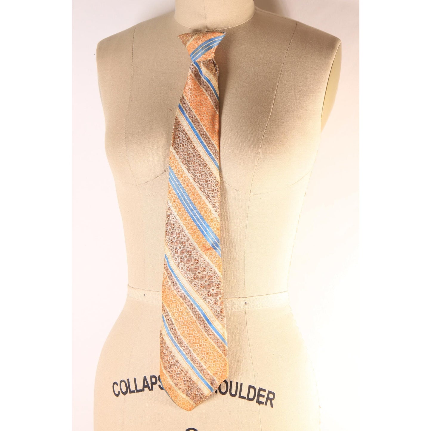 1970s Orange, Cream, Brown and Blue Striped Clip On Tie by Prince Consort