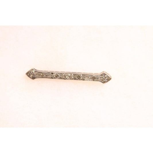 Antique 1920s Sterling Silver Marcasite Rhinestone Art Deco Bar Brooch