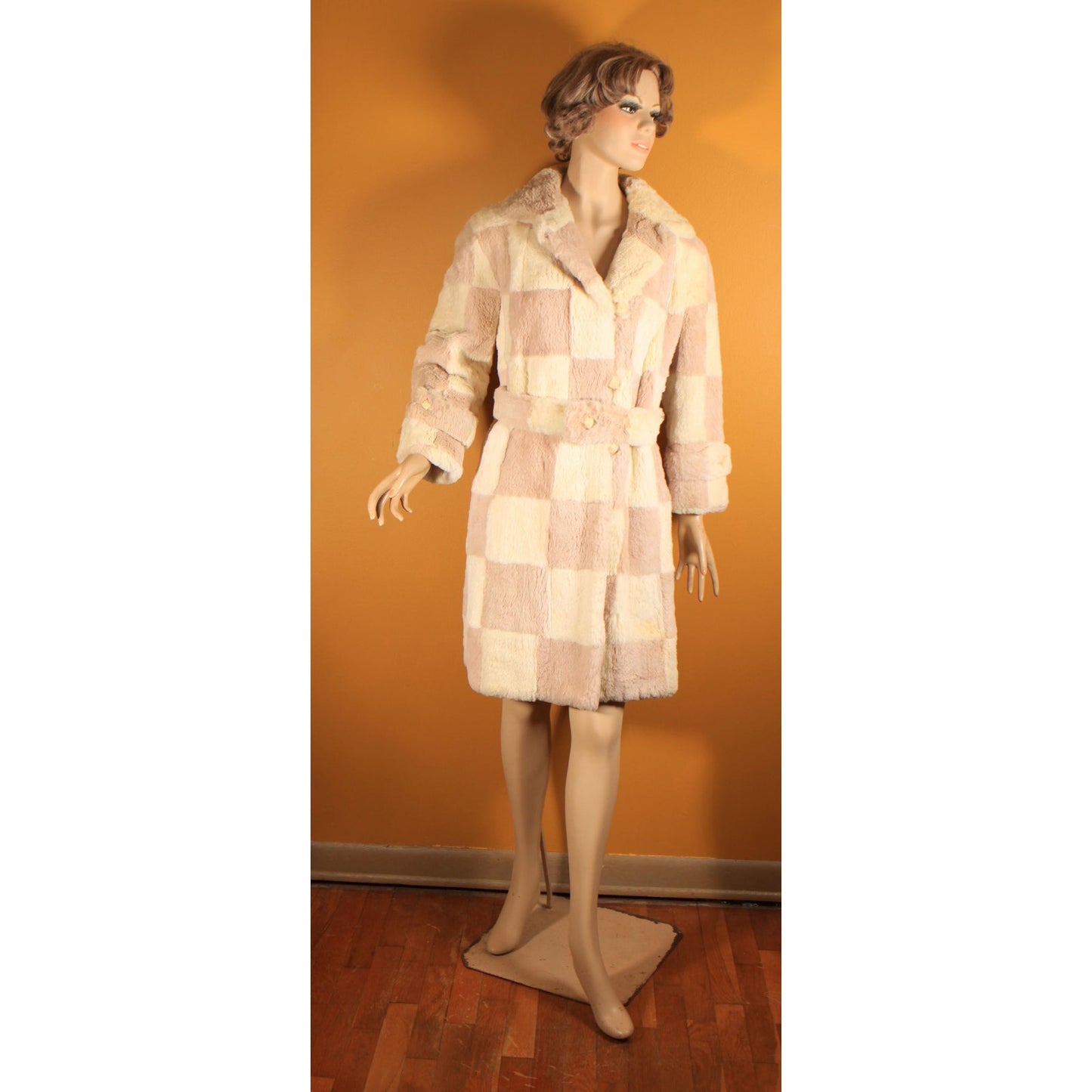 1960s Light Pink and White Sheared Dyed Chinchilla Fur Checkerboard Mod Belted Coat by Famous Barr -M-L