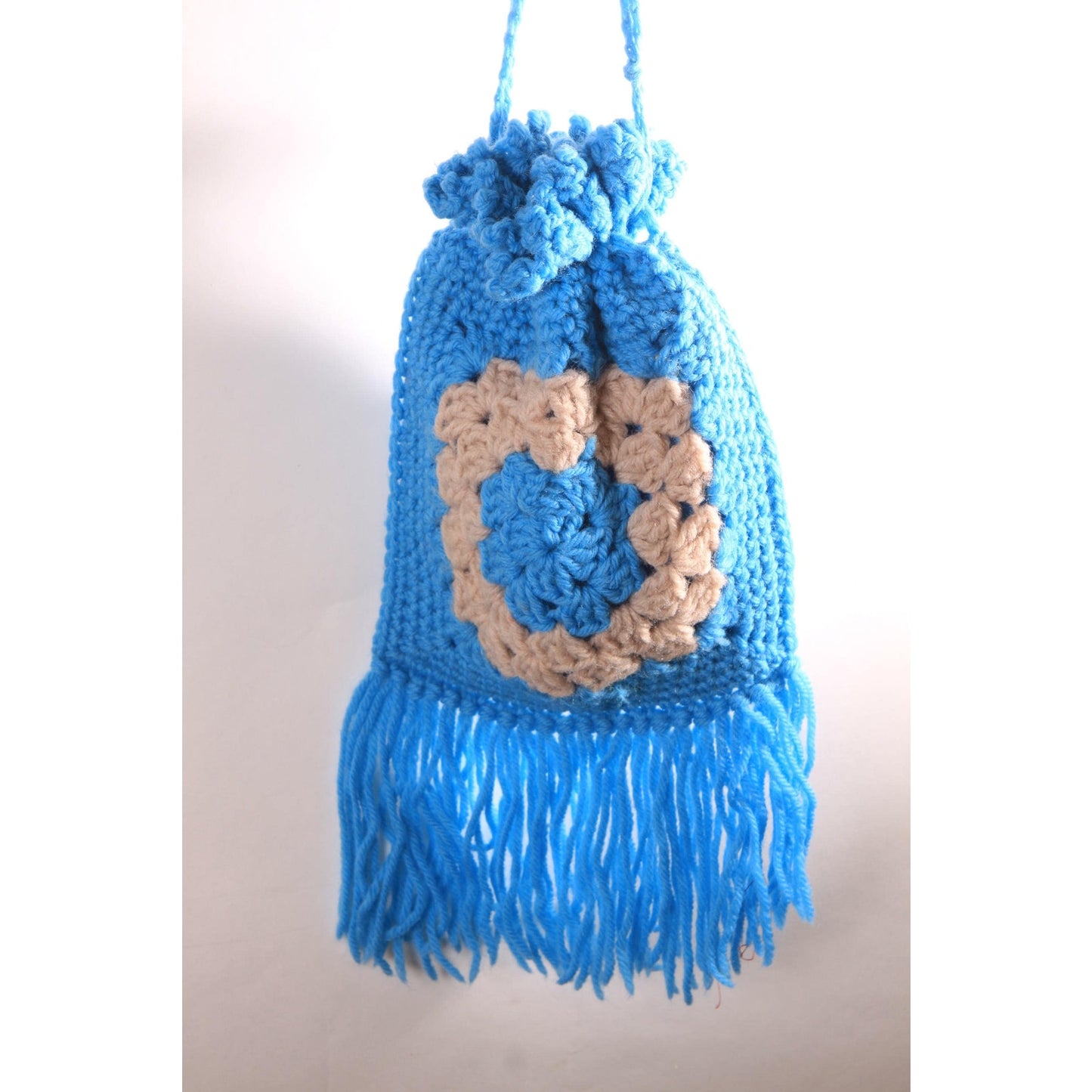1970s Turquoise Blue and Tan Crochet Granny Square Fringe Drawstring Purse Bag