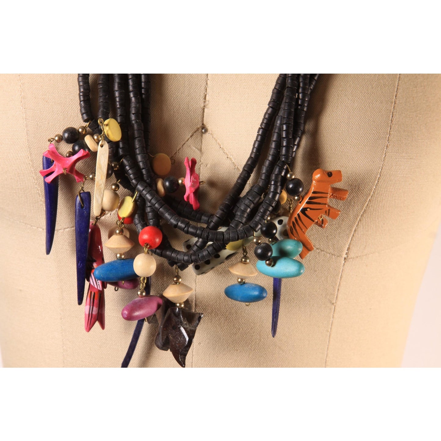 1980s Black and Multi-Colored Abstract Wood Beaded Novelty Animal Multi-Strand Necklace