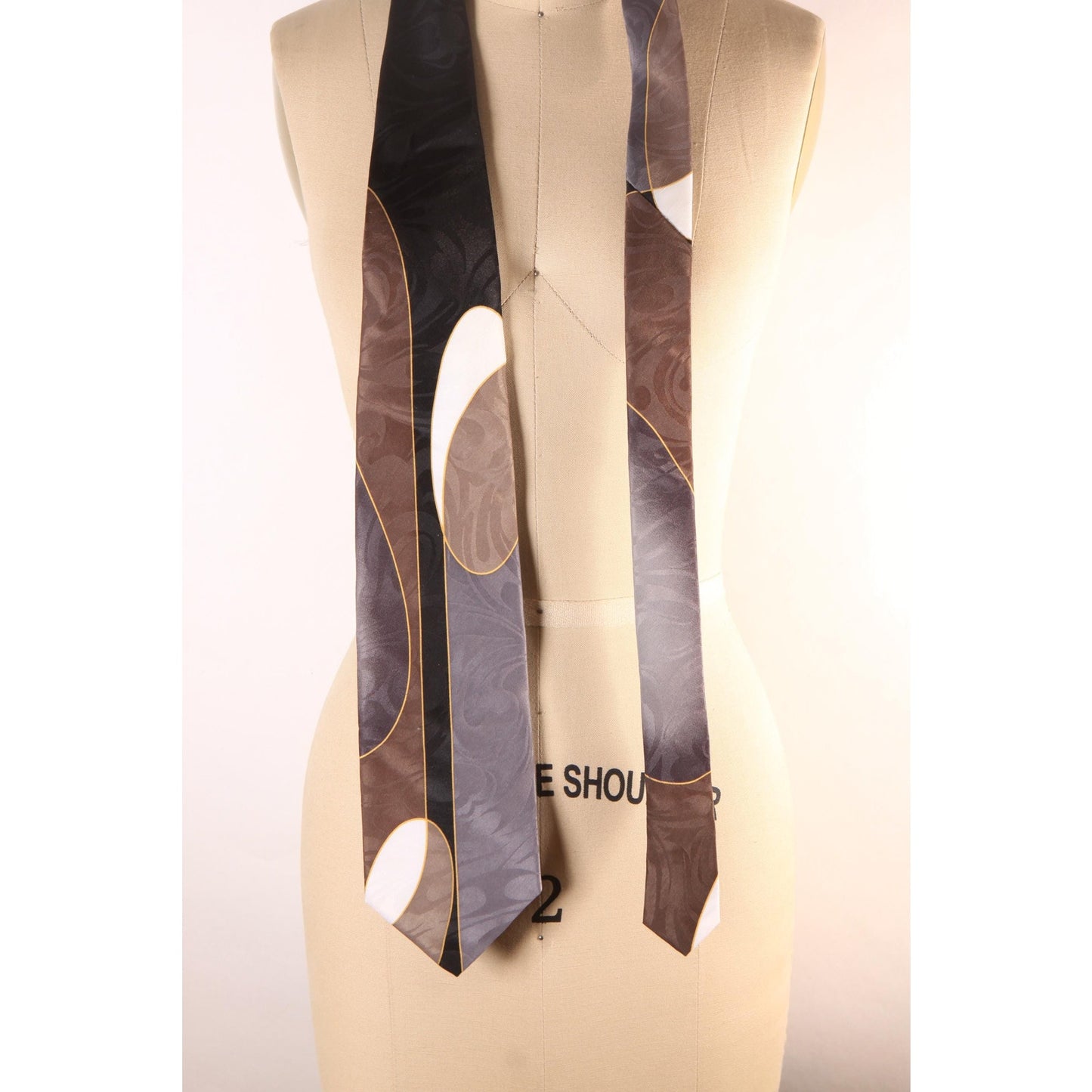 1980s 1990s Black, Gray and Tan Abstract Swirl Necktie Tie