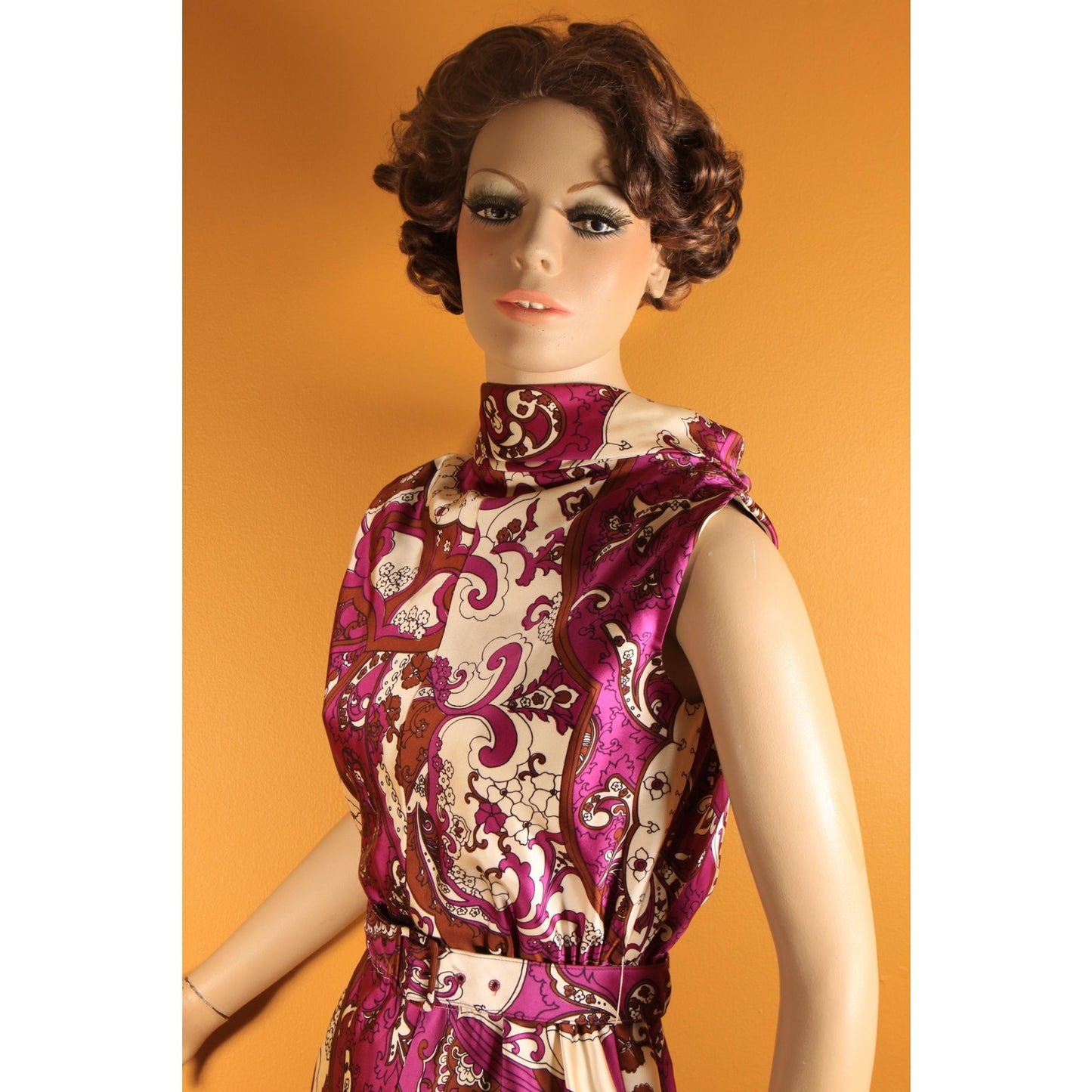1960s Purple, White, Black Brown Psychedelic Swirl Sleeveless Belted Dress with Matching Long Sleeve Jacket Two Piece Outfit by Leo Narducci