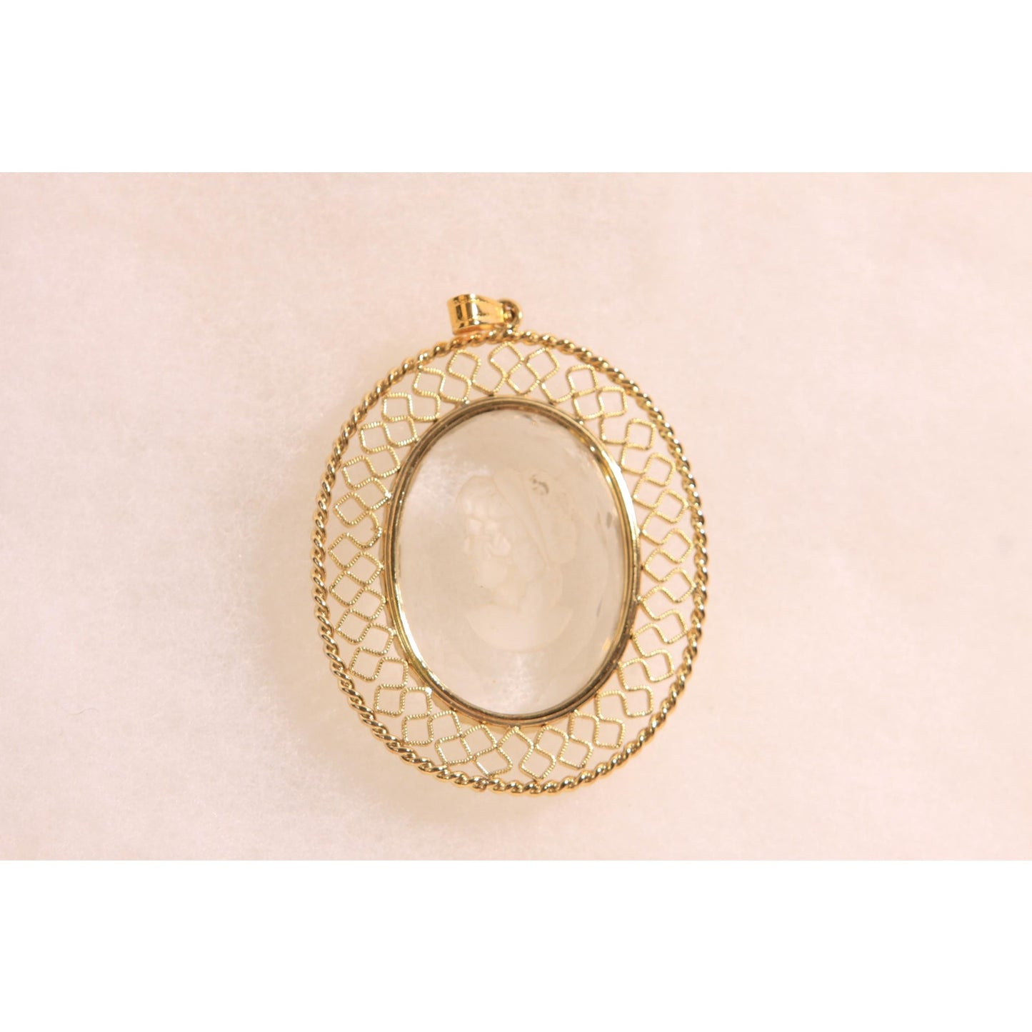 1950s 1960s Gold Tone Metal and Clear Glass Etched Cameo Necklace Pendant