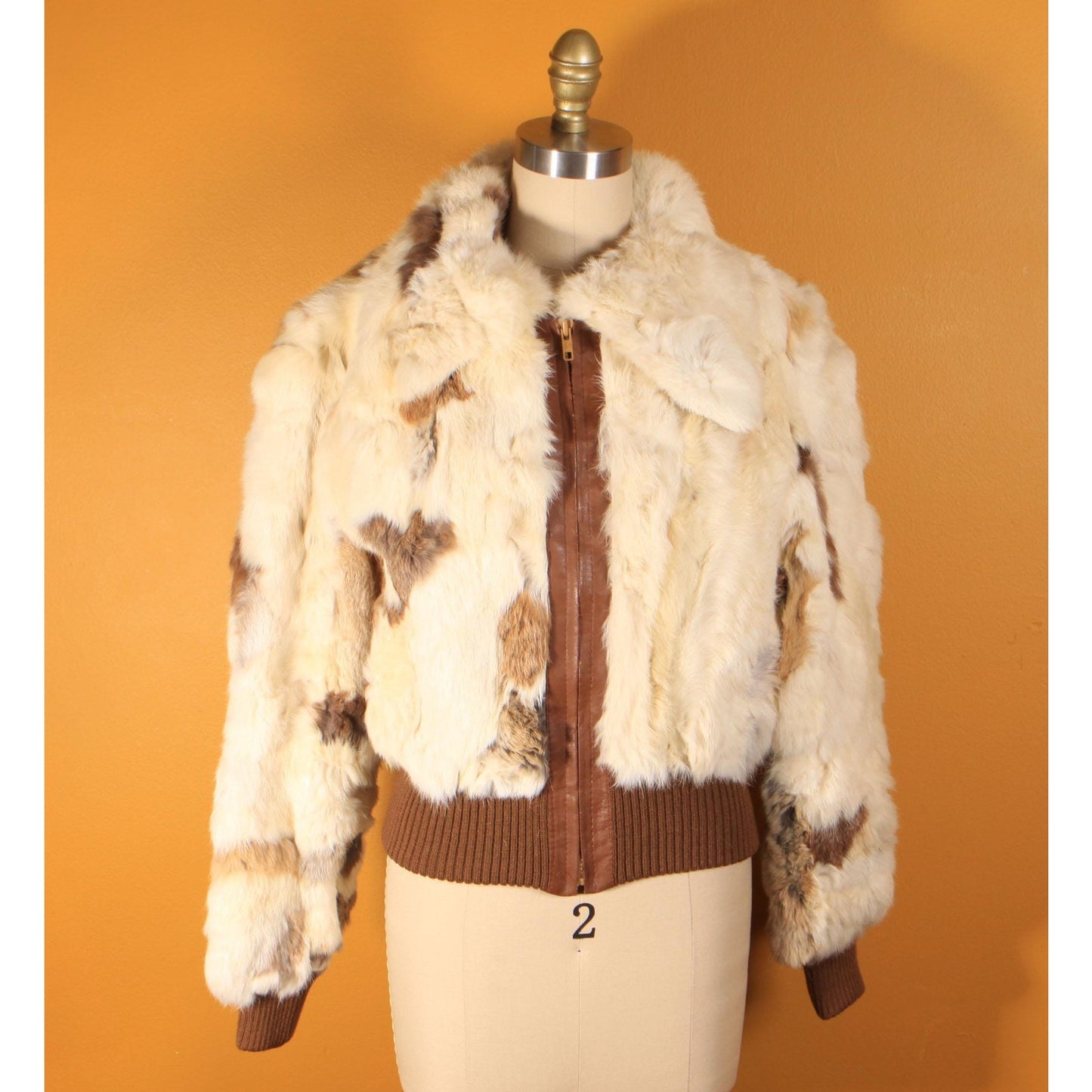 1970s White, Cream, Gray and Brown Multi-Colored Patchwork Rabbit Fur Cropped Coat -S