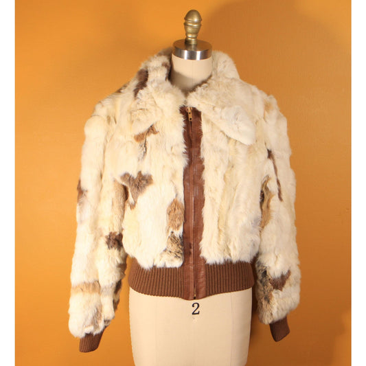 1970s White, Cream, Gray and Brown Multi-Colored Patchwork Rabbit Fur Cropped Coat -S