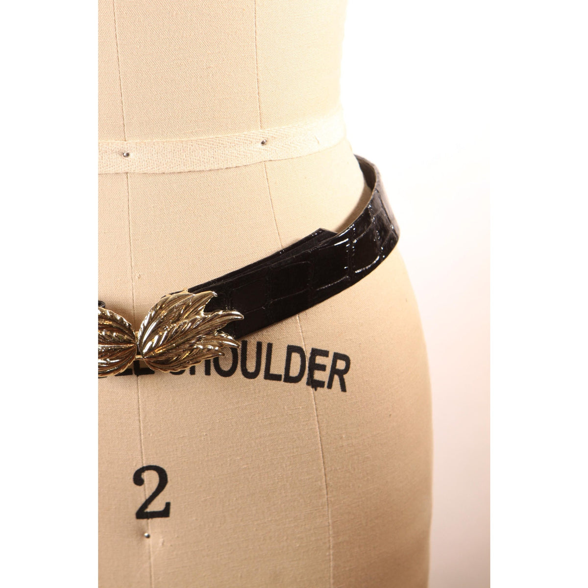 1980s Black Reptile Pattern and Gold Tone Leaf Fan Shape Belt