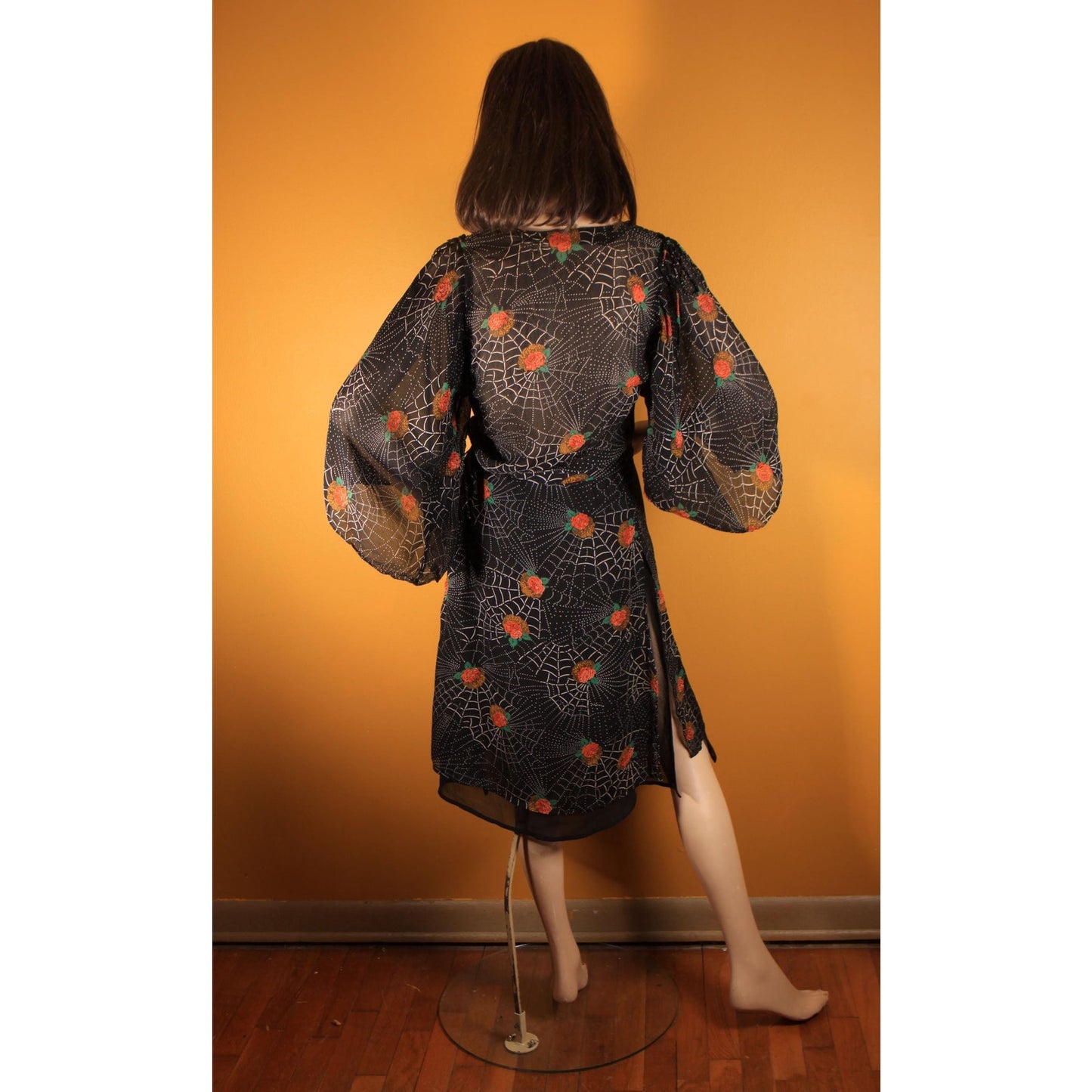 1970s Black, White and Red Novelty Spiderweb and Roses Print Sheer Dress by Saba -S