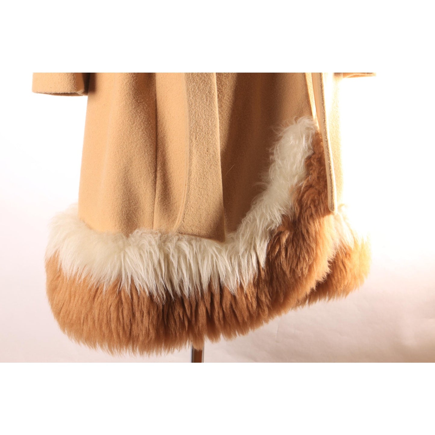 Early 1960s Brown and Cream Shearling Fur Trim Collar and Hem Wrap Princess Coat by Youthcraft