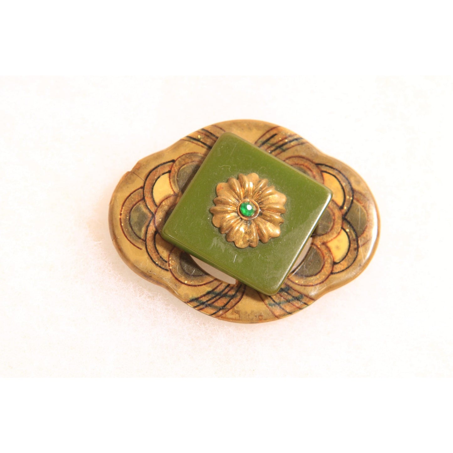 1930s Green and Yellow Rhinestone Art Deco Art Nouveau Rounded Bakelite and Plastic Swirl Brooch