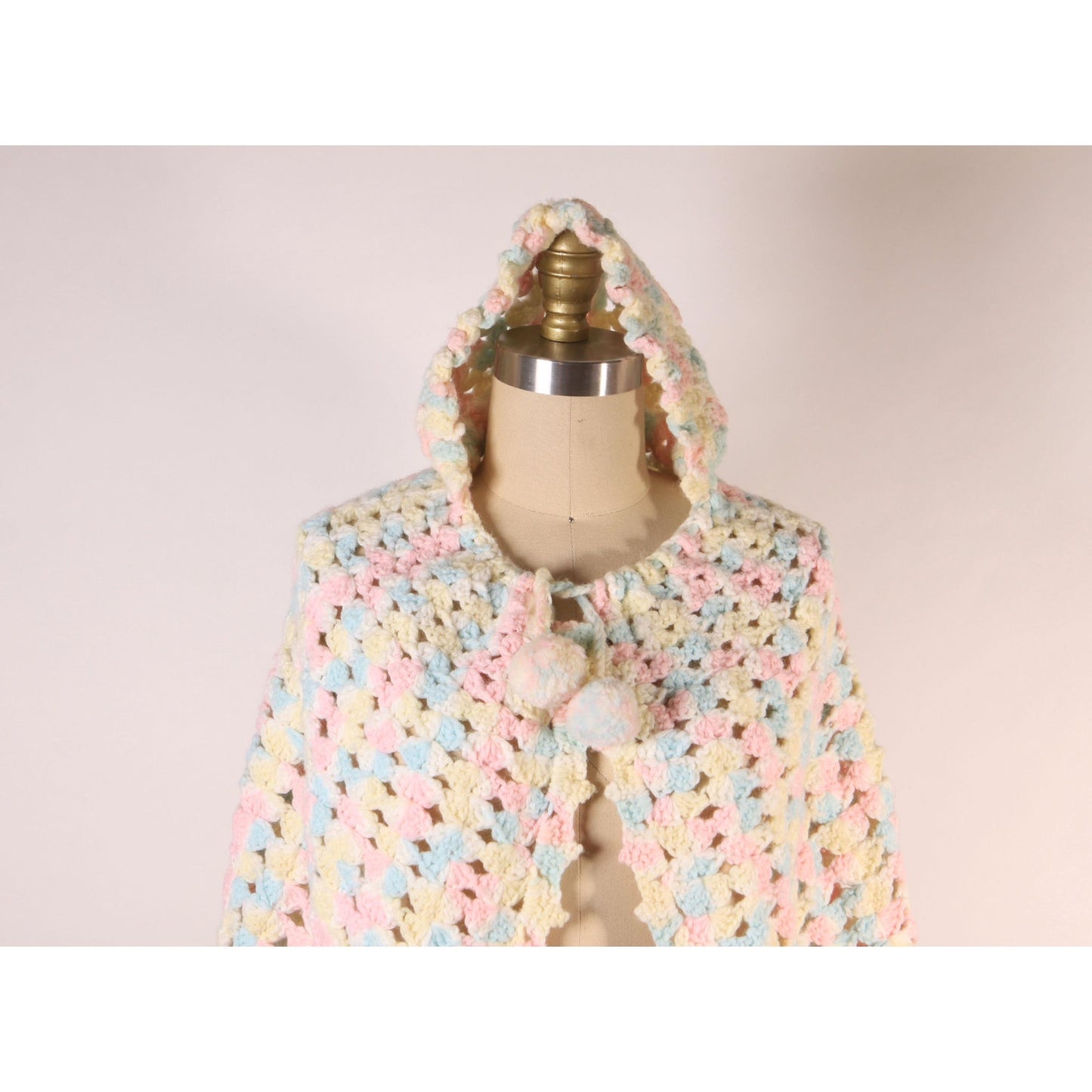 Late 1960s Early 1970s Pastel Pink, Blue and Yellow Crochet Pom Pom Hooded Hood Shawl Wrap