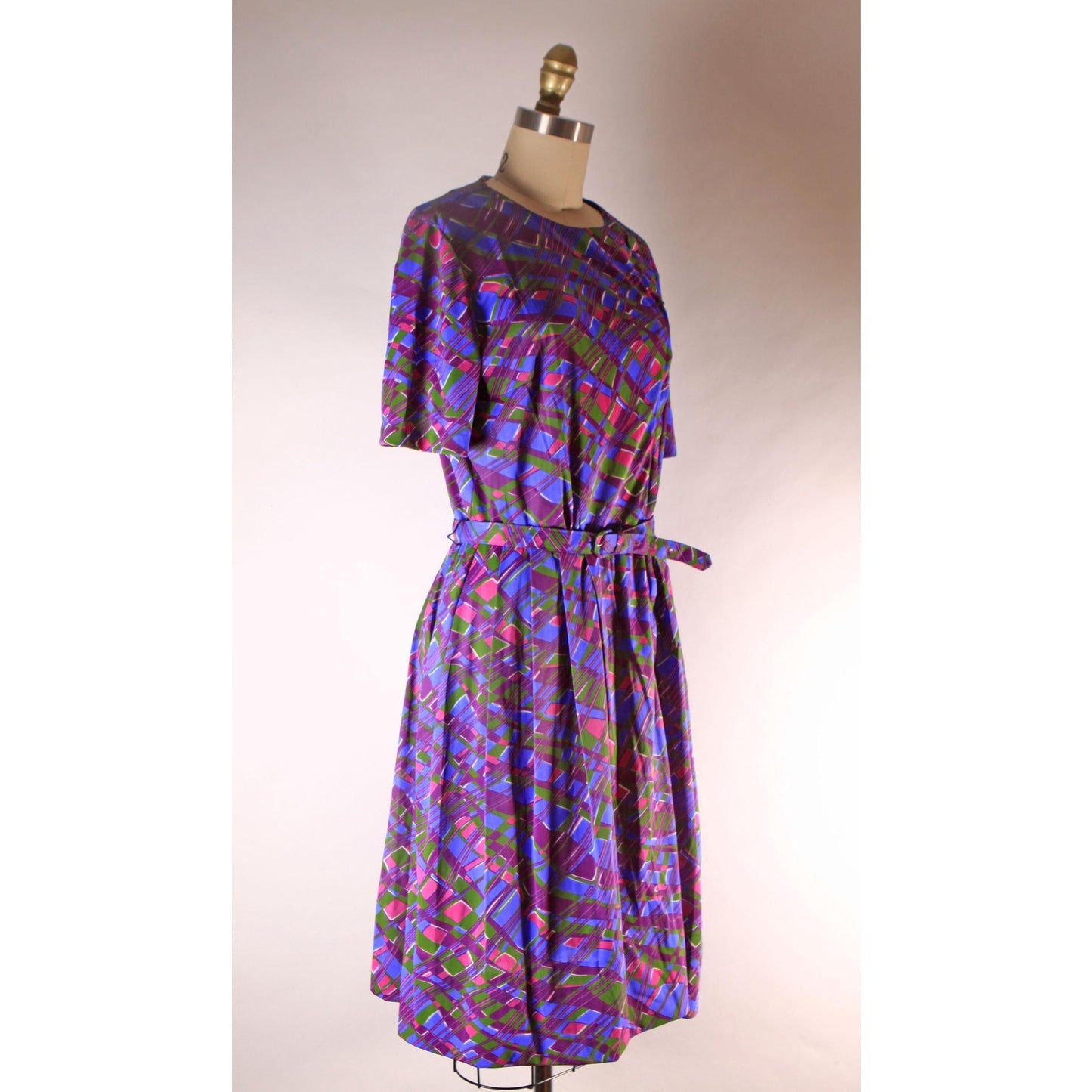 1960s Purple, Pink and Green Abstract Plaid Psychedelic Short Sleeve Belted Dress by Casualmaker -L