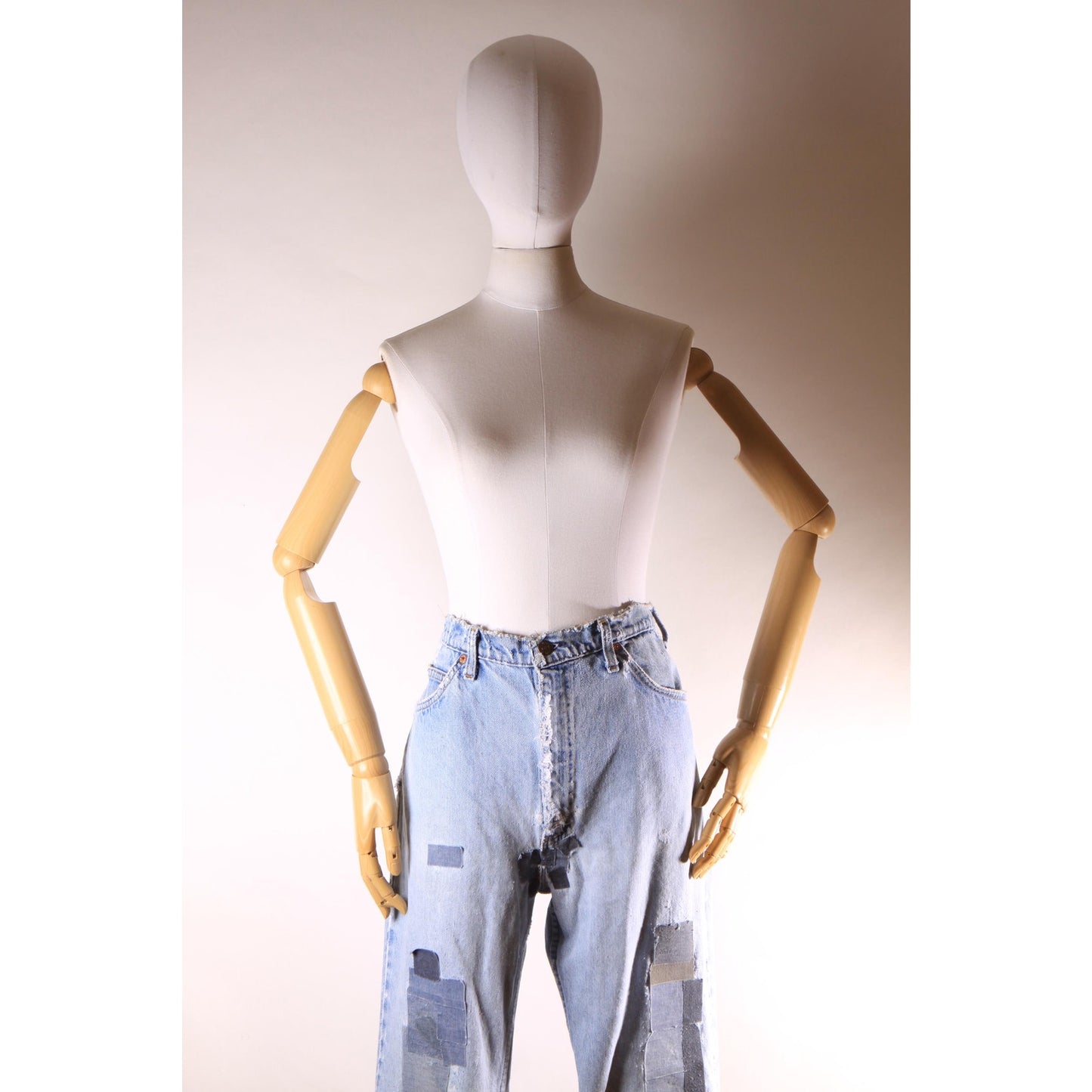 1980s Distressed Patch Fraying Blue Denim Orange Tab 517 Jeans by Levi's -38x30