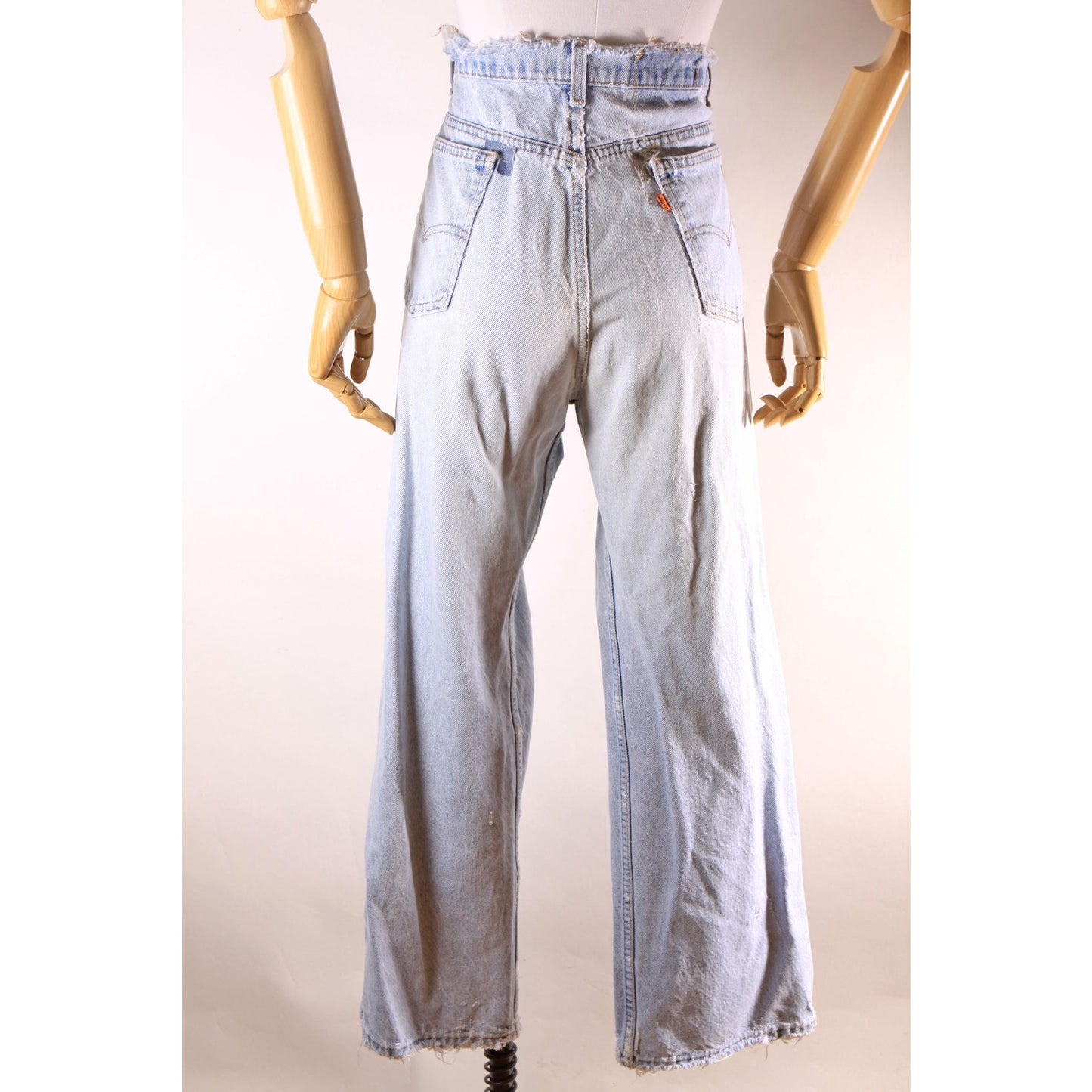 1980s Distressed Patch Fraying Blue Denim Orange Tab 517 Jeans by Levi's -38x29