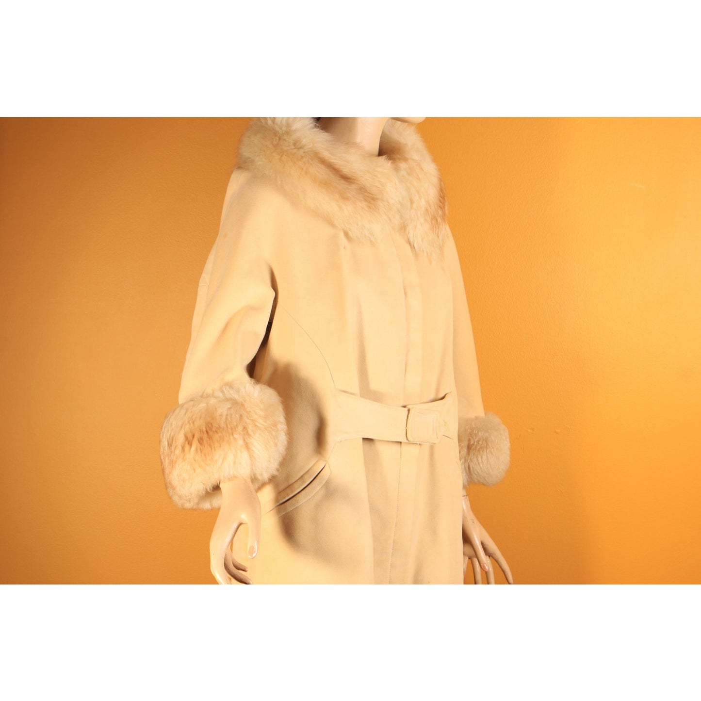 1960s Cream Tan Velvet Bracelet Sleeve Shearling Cuff and Collar Belted Coat by Country Pacer -M-L
