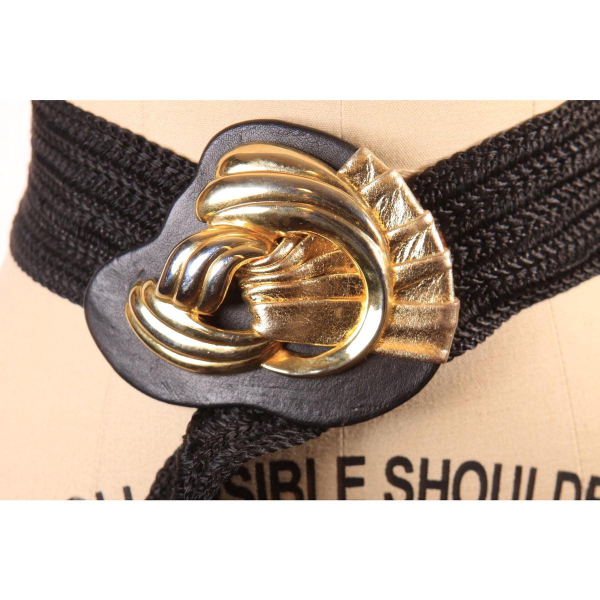 1980s Black Fabric with Oversized Gold Tone Metal Buckle Belt by Waldorf Creations
