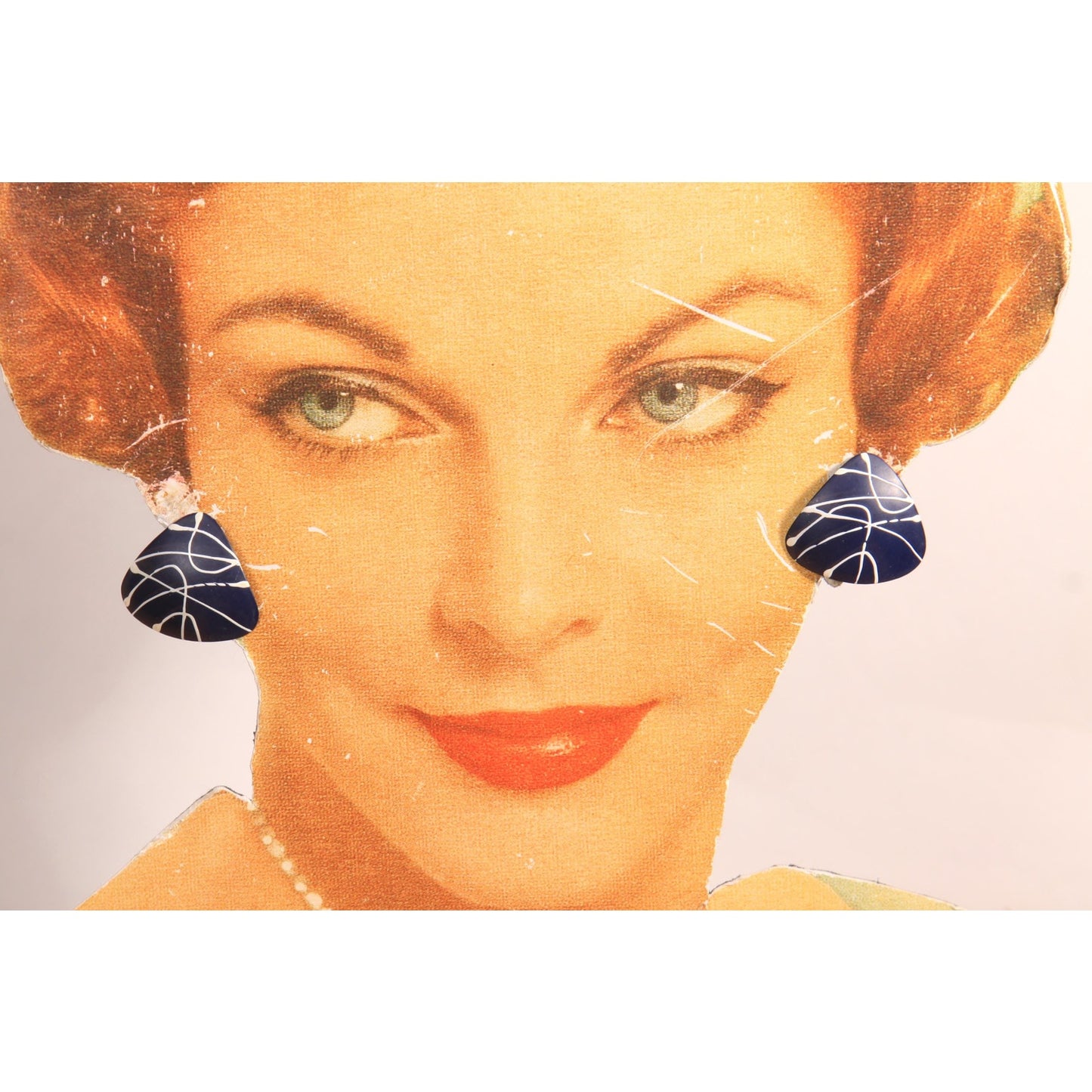 1980s Dark Blue and White Paint Splatter Triangle Geometric Stud Pierced Earrings
