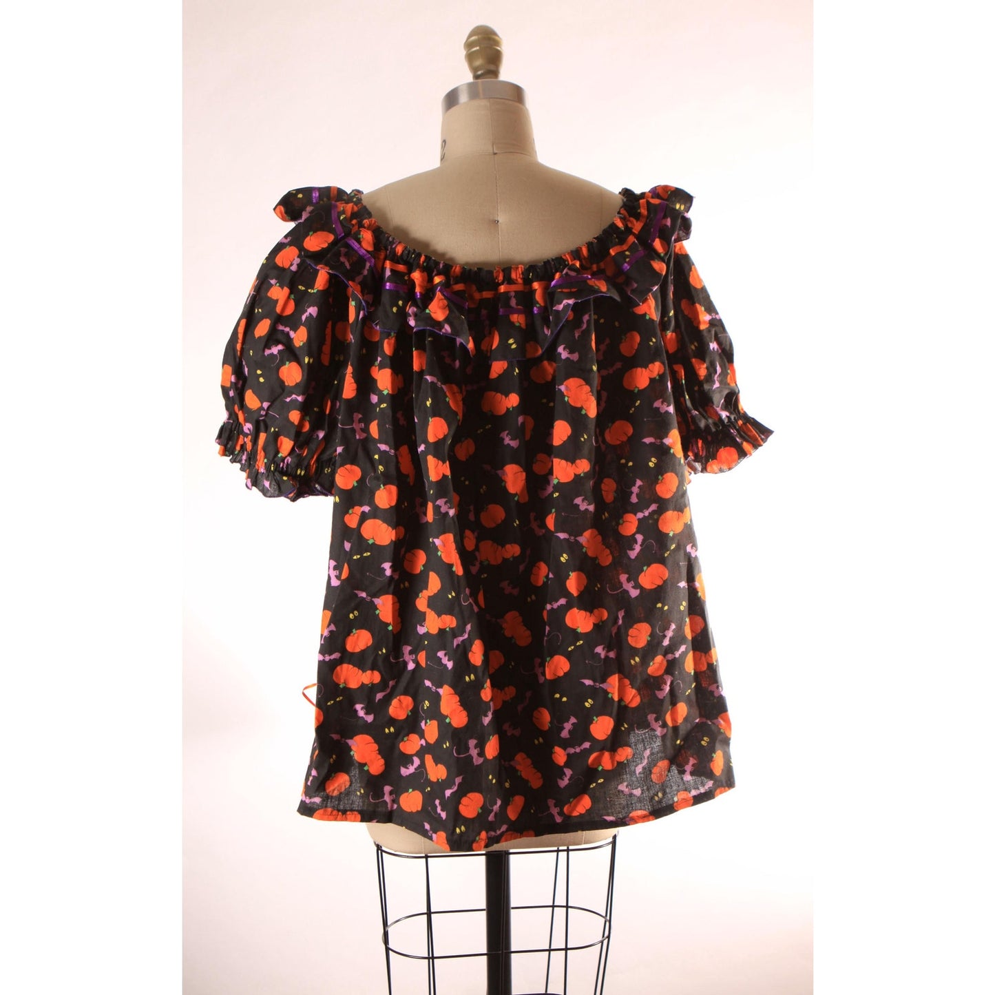 1980s Novelty Halloween Pumpkins and Bats Black, Orange and Purple Short Sleeve Square Dance Blouse