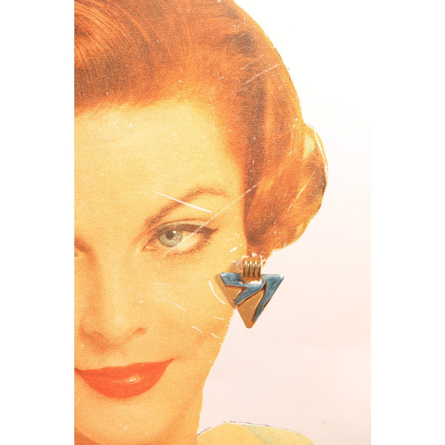 1980s Gold Tone Metal and Blue Triangle Geometric Pierced Earrings