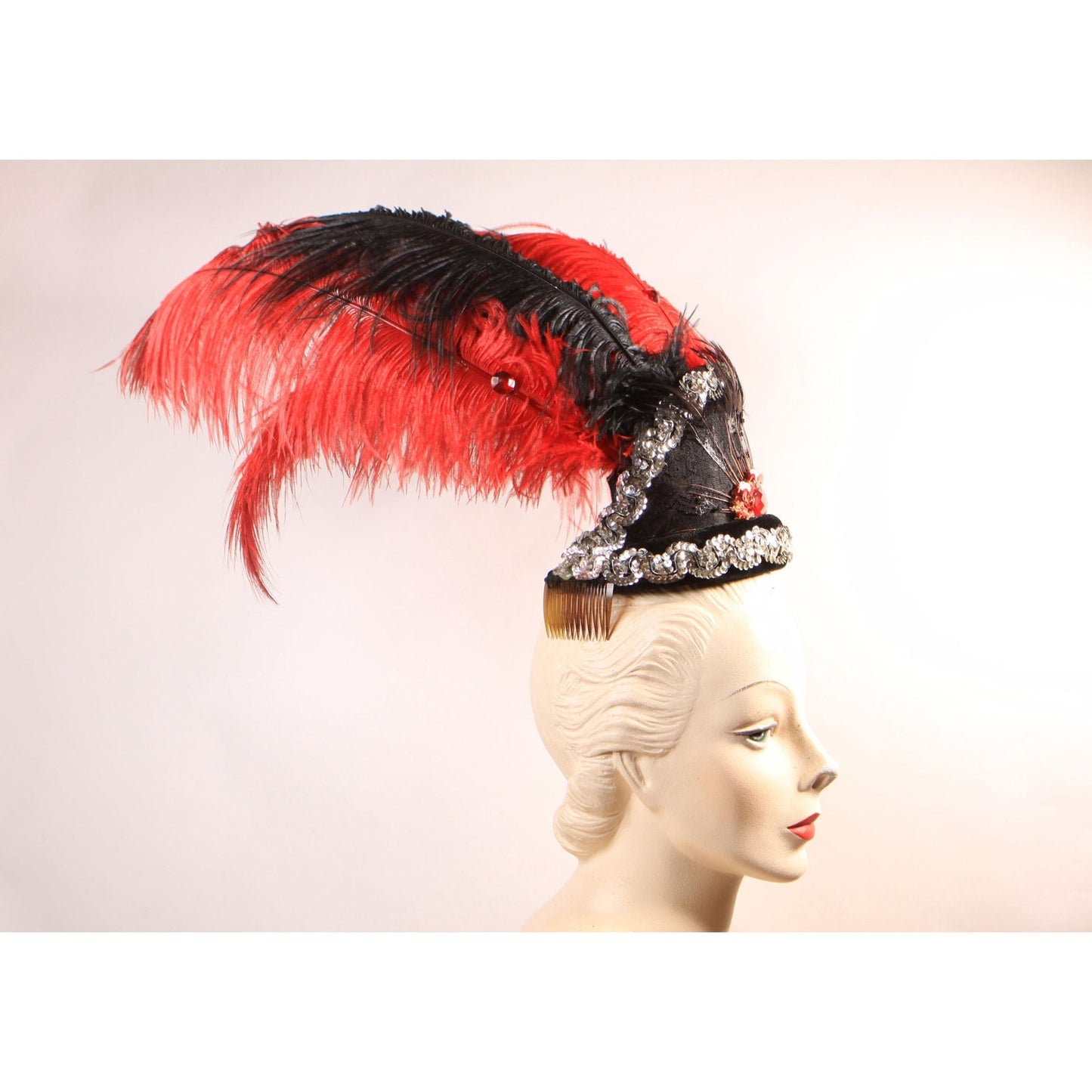 1970s Red and Black Costume Showgirl Burlesque Feather Sequin Headdress Headpiece Hat