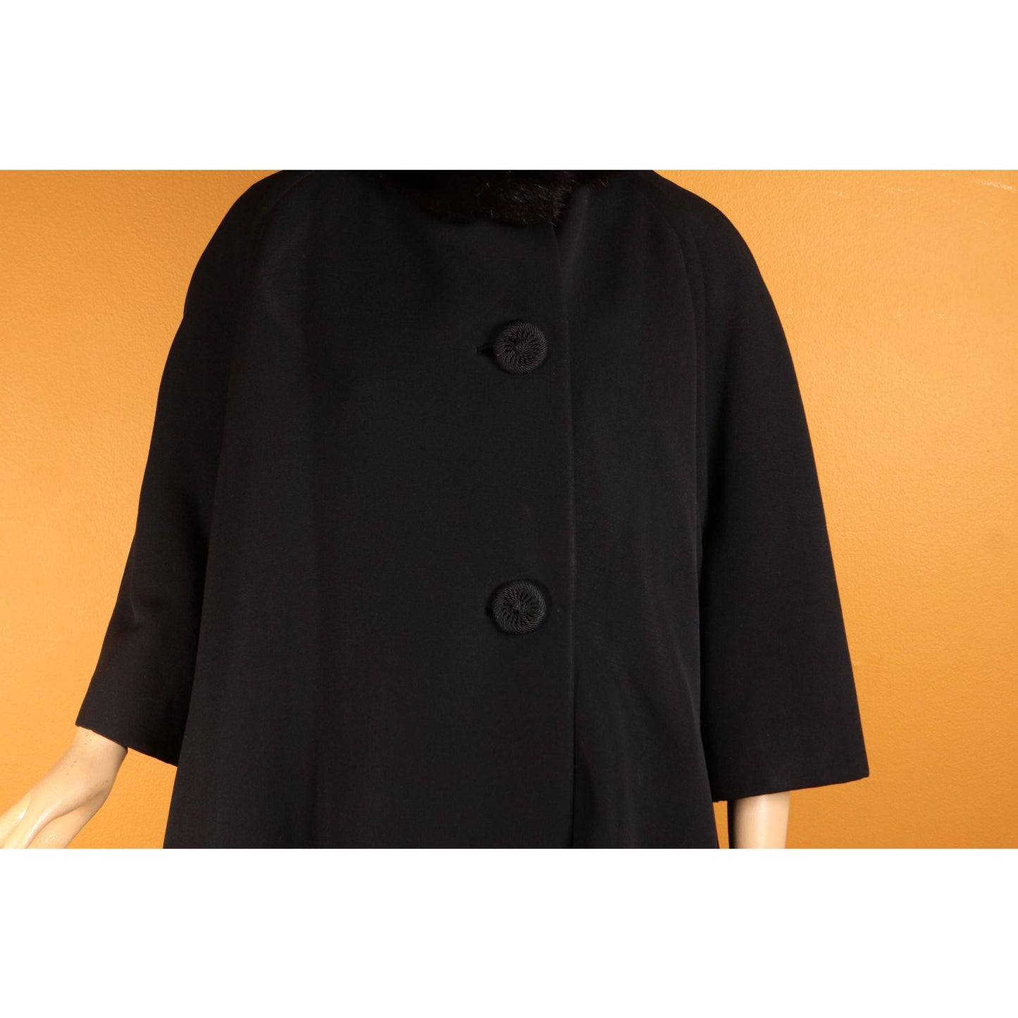 1950s Black Bracelet Sleeve Mink Fur Collar Swing Coat by Netter's -XL
