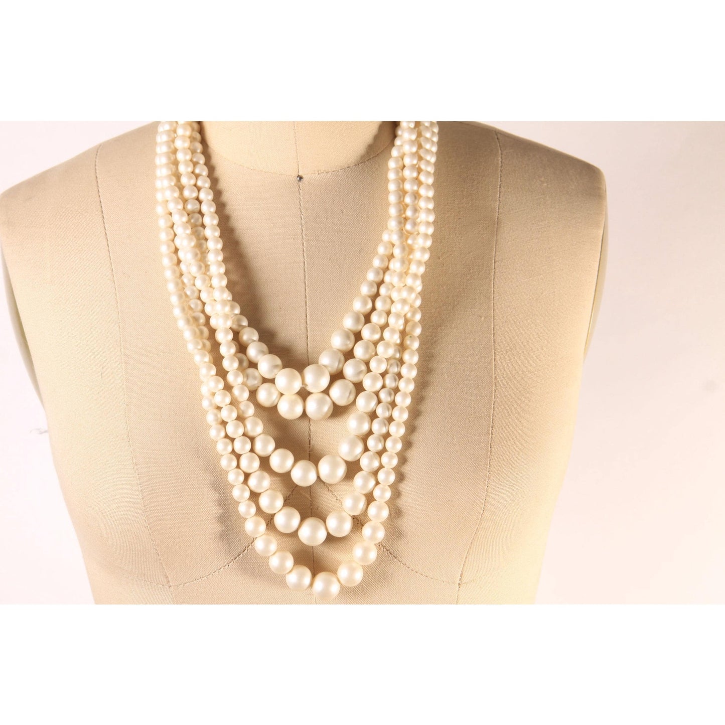 1970s Cream Faux Pearl Beaded Five Strand Necklace