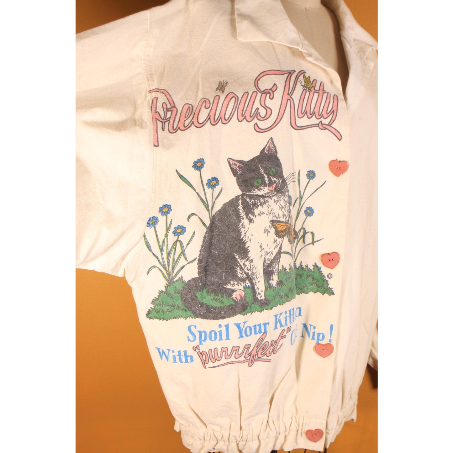 Deadstock 1980s Cream Off White Novelty Precious Kitty Heart Button Down Flour Feed Sack Jacket