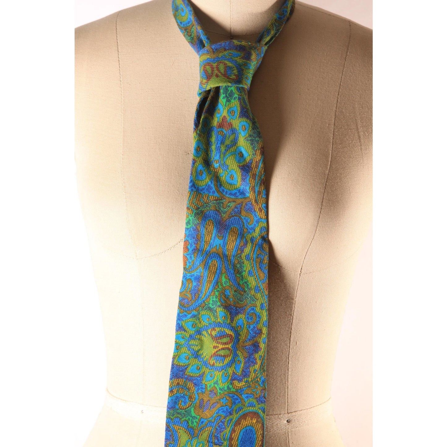 1960s Blue, Green and Tan Paisley Pscyhedelic Necktie
