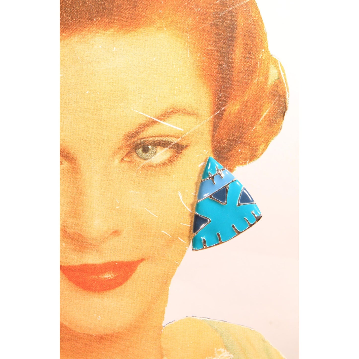 1950s Turquoise Blue and Navy Blue Geometric Triangle Metal Pierced Earrings