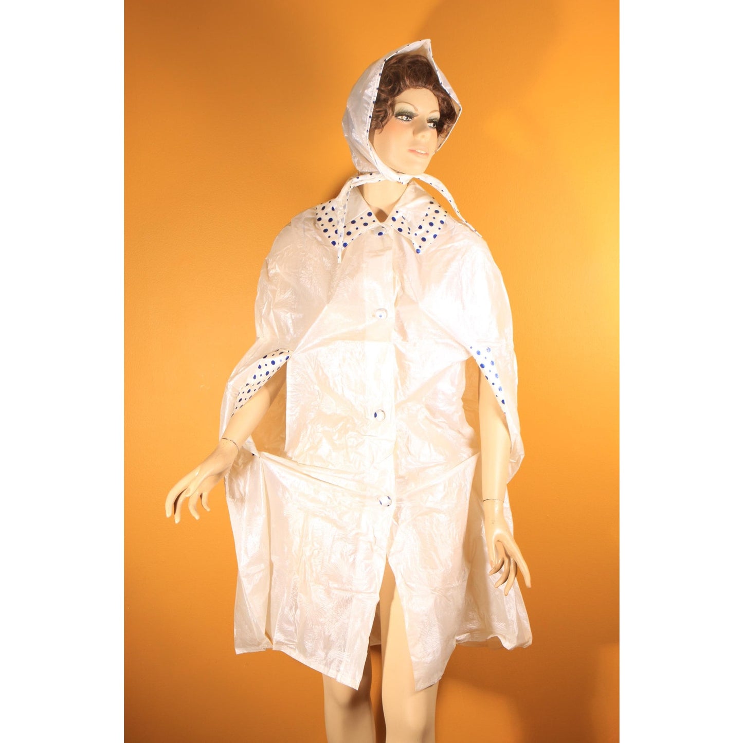 Deadstock 1960s Opaque White and Blue Polka Dot Trim Floral Textured Vinyl Raincoat Cape and Matching Rain Bonnet