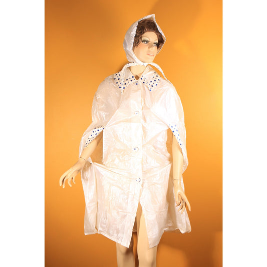 Deadstock 1960s Opaque White and Blue Polka Dot Trim Floral Textured Vinyl Raincoat Cape and Matching Rain Bonnet