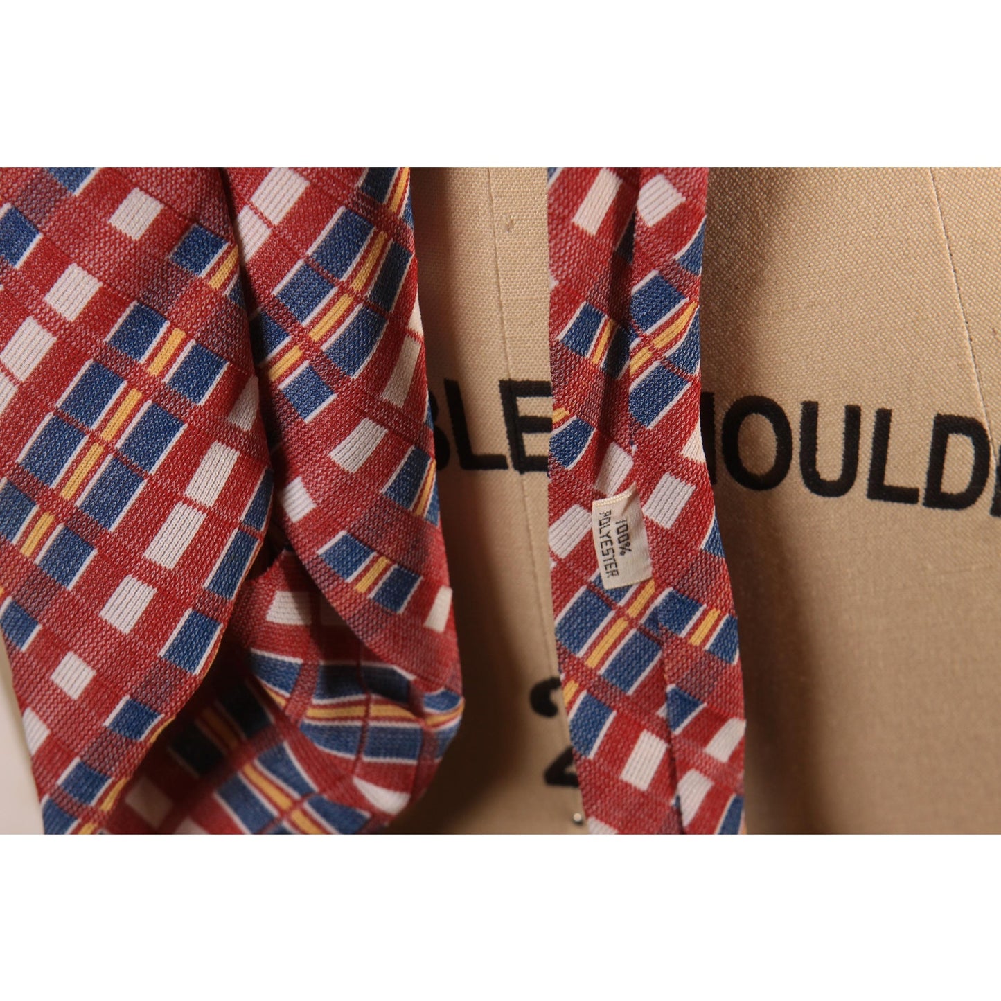 1970s Red, Blue, Yellow and White Plaid Polyester Wide Necktie Tie