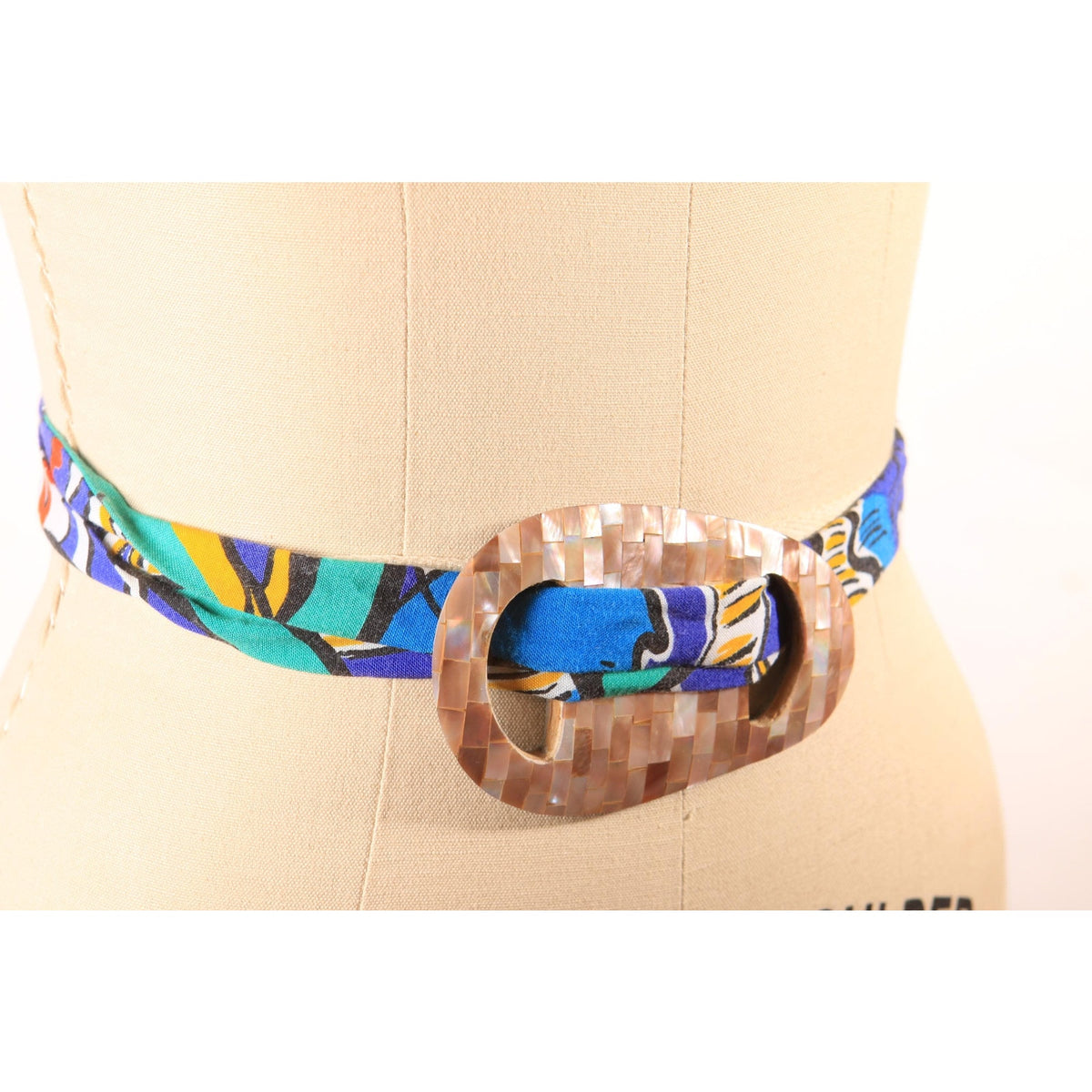 1980s Multi-Colored Fabric and Mother of Pearl Slider Belt