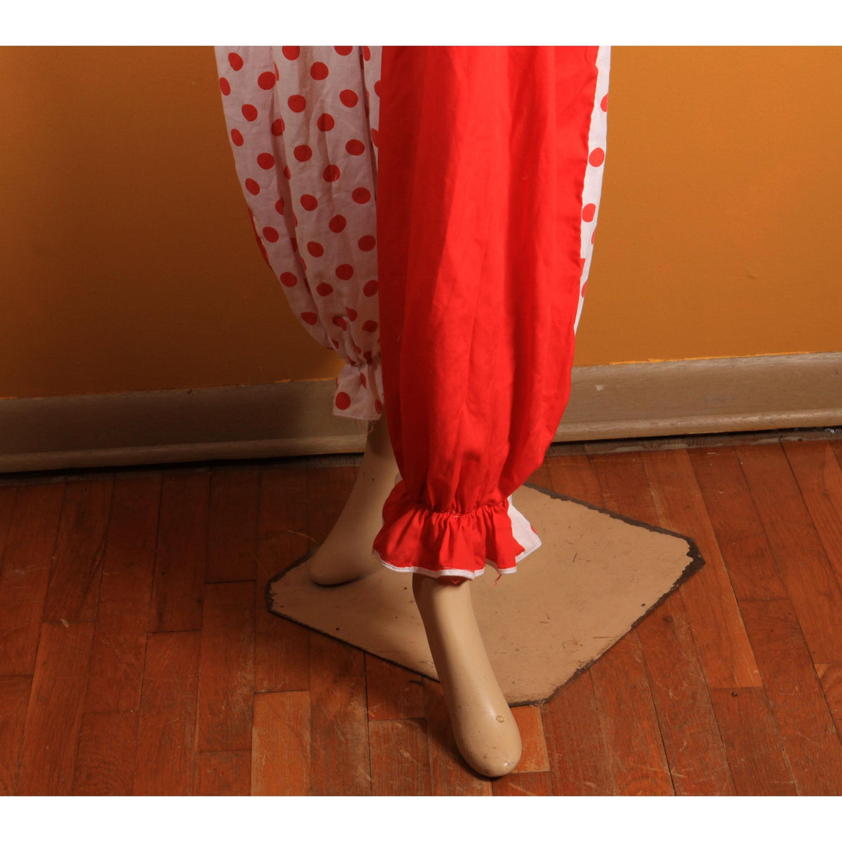 1960s 1970s Red and White Polka Dot Ruffle Collar One Piece Clown Costume